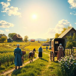 A captivating scene depicting Amish life, focusing on a peaceful rural setting with traditional Amish homes, horse-drawn buggies, and fields of crops