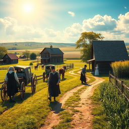 A captivating scene depicting Amish life, focusing on a peaceful rural setting with traditional Amish homes, horse-drawn buggies, and fields of crops