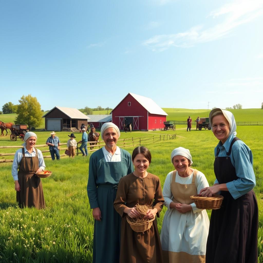 A serene rural scene depicting the secret life of the Amish community, showcasing men and women in traditional Amish clothing engaging in daily activities such as farming, barn raising, and crafting handmade goods