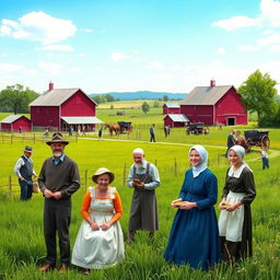 A serene rural scene depicting the secret life of the Amish community, showcasing men and women in traditional Amish clothing engaging in daily activities such as farming, barn raising, and crafting handmade goods