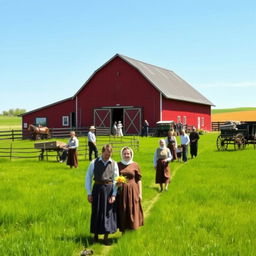 A serene rural scene depicting the secret life of the Amish community, showcasing men and women in traditional Amish clothing engaging in daily activities such as farming, barn raising, and crafting handmade goods