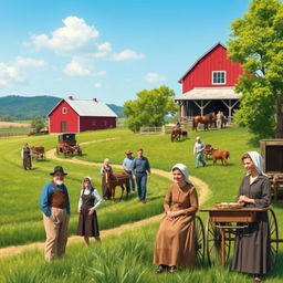 A serene rural scene depicting the secret life of the Amish community, showcasing men and women in traditional Amish clothing engaging in daily activities such as farming, barn raising, and crafting handmade goods