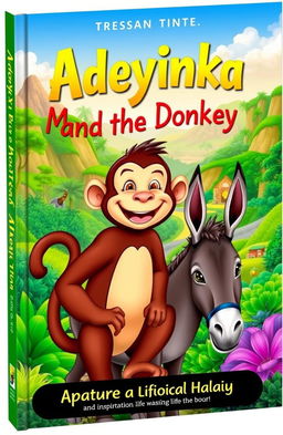 A captivating book cover for 'Adeyinka Monkey and the Donkey', showcasing a vibrant scene depicting Adeyinka, a cheerful monkey with a bright smile, embarking on an adventurous journey from Apatere to Ibadan