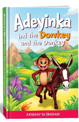 A captivating book cover for 'Adeyinka Monkey and the Donkey', showcasing a vibrant scene depicting Adeyinka, a cheerful monkey with a bright smile, embarking on an adventurous journey from Apatere to Ibadan