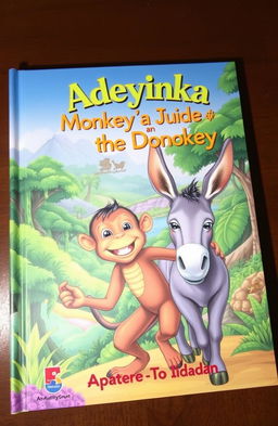 A captivating book cover for 'Adeyinka Monkey and the Donkey', showcasing a vibrant scene depicting Adeyinka, a cheerful monkey with a bright smile, embarking on an adventurous journey from Apatere to Ibadan