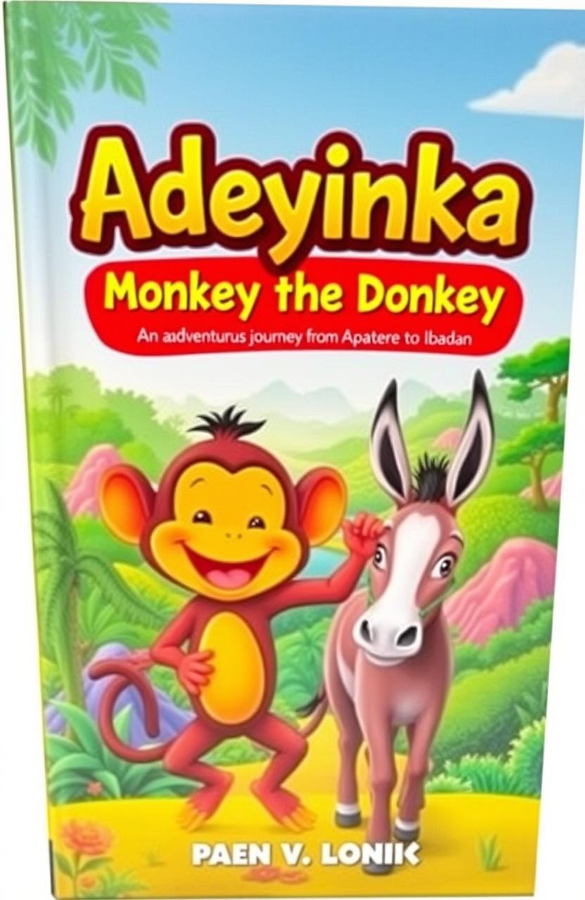 A captivating book cover for 'Adeyinka Monkey and the Donkey', showcasing a vibrant scene depicting Adeyinka, a cheerful monkey with a bright smile, embarking on an adventurous journey from Apatere to Ibadan