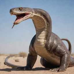 A ten-meter high snake creature with four muscular limbs, each ending with sharp, clawed talons, possessing a mouth lined with razor-sharp teeth.