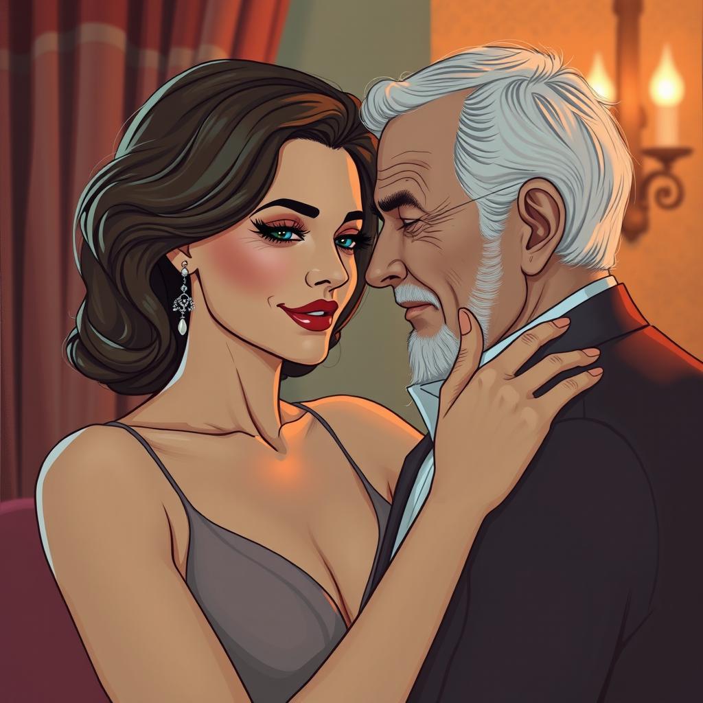 A suggestive but tasteful illustration featuring an alluring mature woman with an attractive figure in a romantic setting