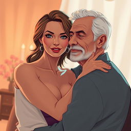 A suggestive but tasteful illustration featuring an alluring mature woman with an attractive figure in a romantic setting