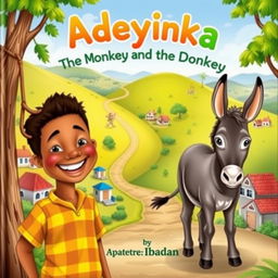 A delightful children's book cover for 'Adeyinka: The Monkey and the Donkey', featuring a young boy named Adeyinka with a bright, enthusiastic expression