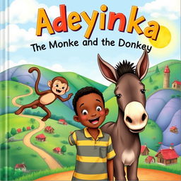 A delightful children's book cover for 'Adeyinka: The Monkey and the Donkey', featuring a young boy named Adeyinka with a bright, enthusiastic expression