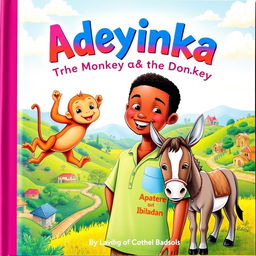 A delightful children's book cover for 'Adeyinka: The Monkey and the Donkey', featuring a young boy named Adeyinka with a bright, enthusiastic expression