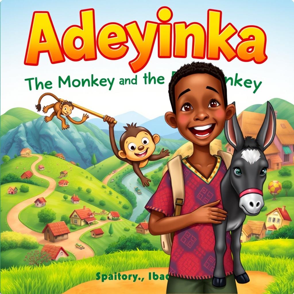 A delightful children's book cover for 'Adeyinka: The Monkey and the Donkey', featuring a young boy named Adeyinka with a bright, enthusiastic expression