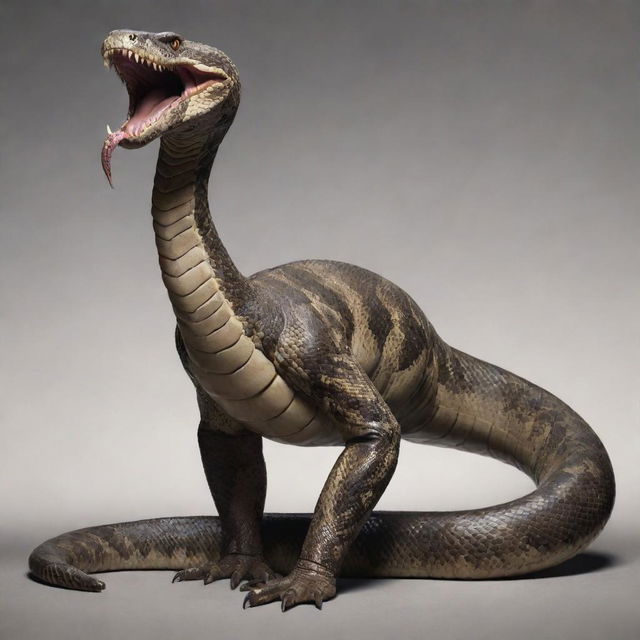 A ten-meter high snake creature with four muscular limbs, each ending with sharp, clawed talons, possessing a mouth lined with razor-sharp teeth.