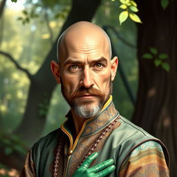 A full-body portrait of a human bard between 45 and 50 years old, bald with elegant facial hair and serious brown eyes