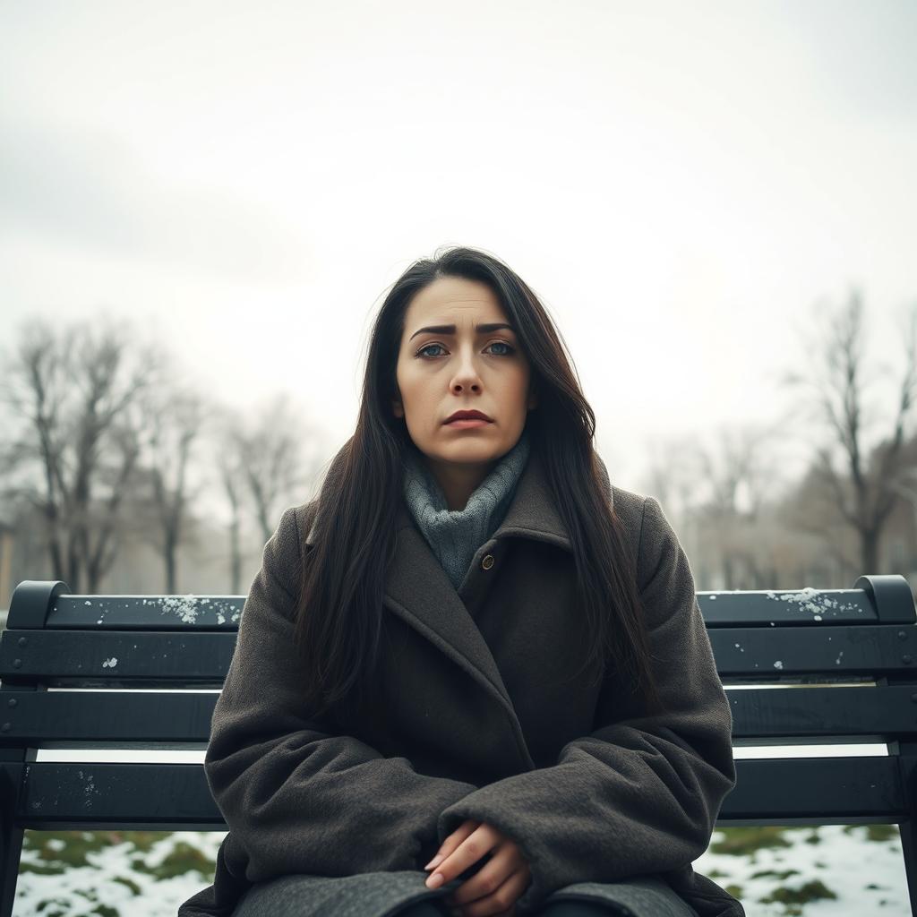 A very sad woman sitting alone on a park bench in a quiet neighborhood in Russia, with a melancholic expression on her face