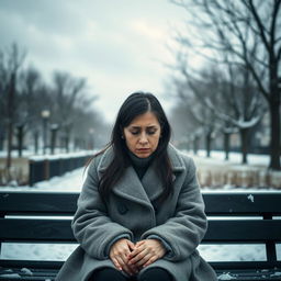 A very sad woman sitting alone on a park bench in a quiet neighborhood in Russia, with a melancholic expression on her face