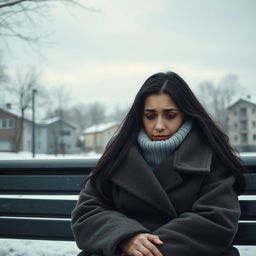 A very sad woman sitting alone on a park bench in a quiet neighborhood in Russia, with a melancholic expression on her face