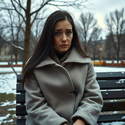 A very sad woman sitting alone on a park bench in a quiet neighborhood in Russia, with a melancholic expression on her face