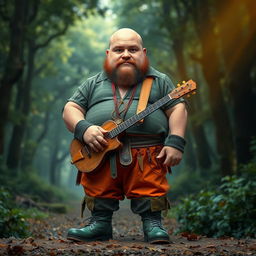 A full-body portrait of a chubby human bard, 45 years old, bald with elegant facial hair and serious brown eyes