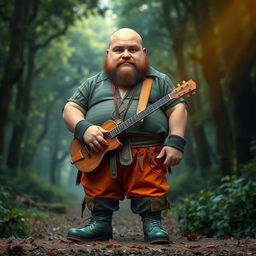 A full-body portrait of a chubby human bard, 45 years old, bald with elegant facial hair and serious brown eyes