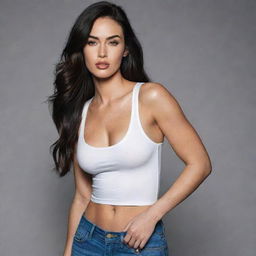 A beautiful woman with a facial resemblance to Megan Fox, average body physique in form-fitting clothes, striking a side pose.