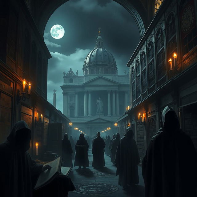 A mysterious and atmospheric depiction of the Vatican's hidden secrets, featuring the towering architecture of St