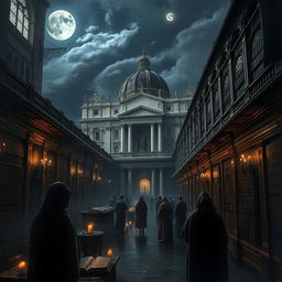 A mysterious and atmospheric depiction of the Vatican's hidden secrets, featuring the towering architecture of St