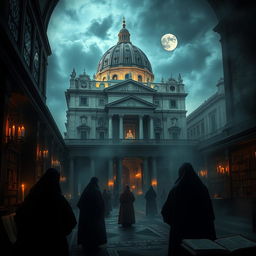 A mysterious and atmospheric depiction of the Vatican's hidden secrets, featuring the towering architecture of St