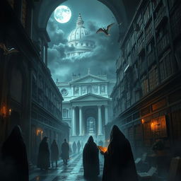 A mysterious and atmospheric depiction of the Vatican's hidden secrets, featuring the towering architecture of St