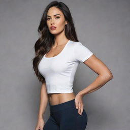 A beautiful woman with a facial resemblance to Megan Fox, average body physique in form-fitting clothes, striking a side pose.