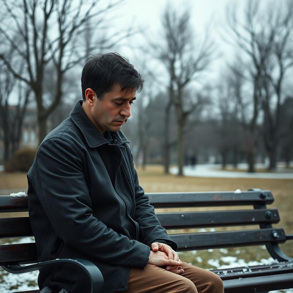 A very sad man sitting on a lonely park bench in a tranquil Russian park, with an expression of deep sorrow on his face