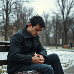 A very sad man sitting on a lonely park bench in a tranquil Russian park, with an expression of deep sorrow on his face