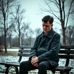 A very sad man sitting on a lonely park bench in a tranquil Russian park, with an expression of deep sorrow on his face