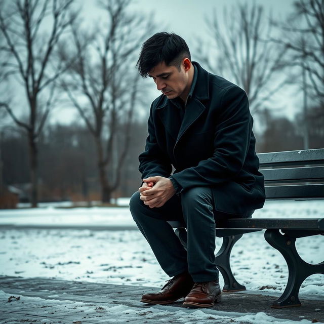 A very sad man sitting on a lonely park bench in a tranquil Russian park, with an expression of deep sorrow on his face