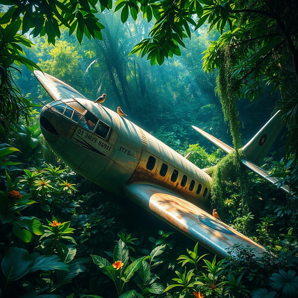 A vintage airplane weathered by time and nature, crash-landed in a dense, lush jungle overgrown with vibrant green foliage