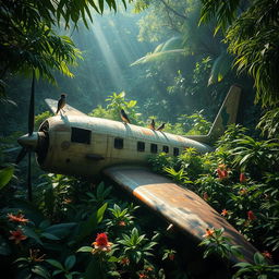 A vintage airplane weathered by time and nature, crash-landed in a dense, lush jungle overgrown with vibrant green foliage