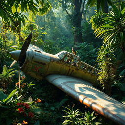 A vintage airplane weathered by time and nature, crash-landed in a dense, lush jungle overgrown with vibrant green foliage