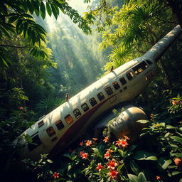 A vintage airplane weathered by time and nature, crash-landed in a dense, lush jungle overgrown with vibrant green foliage