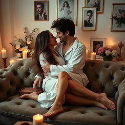 A sensual and romantic scene featuring a couple in an intimate setting, surrounded by soft candlelight and muted colors