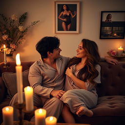 A sensual and romantic scene featuring a couple in an intimate setting, surrounded by soft candlelight and muted colors