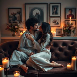 A sensual and romantic scene featuring a couple in an intimate setting, surrounded by soft candlelight and muted colors