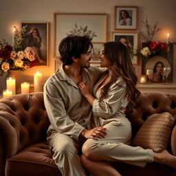 A sensual and romantic scene featuring a couple in an intimate setting, surrounded by soft candlelight and muted colors