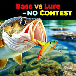 A dramatic and realistic thumbnail capturing a large bass fish just moments before striking a vibrant minnow lure