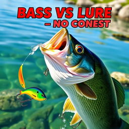 A dramatic and realistic thumbnail capturing a large bass fish just moments before striking a vibrant minnow lure