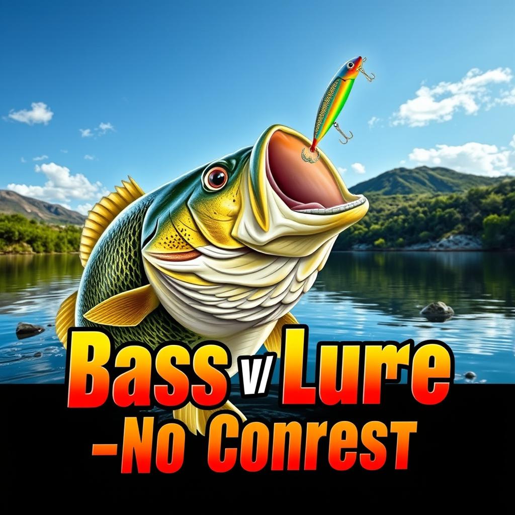 A dynamic and realistic thumbnail showcasing a large bass fish poised to strike a vibrant minnow lure