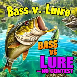 A dynamic and realistic thumbnail showcasing a large bass fish poised to strike a vibrant minnow lure