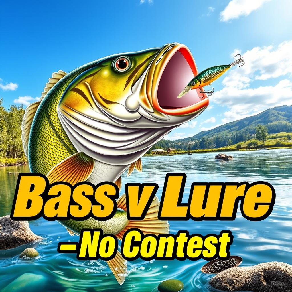 A dynamic and realistic thumbnail showcasing a large bass fish poised to strike a vibrant minnow lure