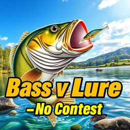 A dynamic and realistic thumbnail showcasing a large bass fish poised to strike a vibrant minnow lure