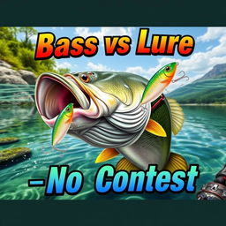 A dynamic and realistic thumbnail showcasing a large bass fish poised to strike a vibrant minnow lure